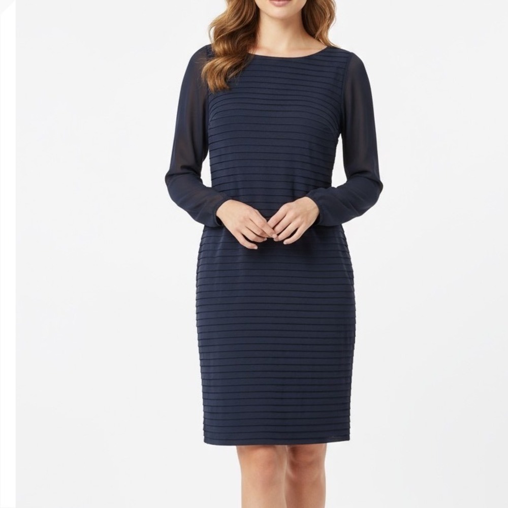 WEILL Navy Blue Sheer Sleeve Pleated Knee Length Dress Women's Size 12‎